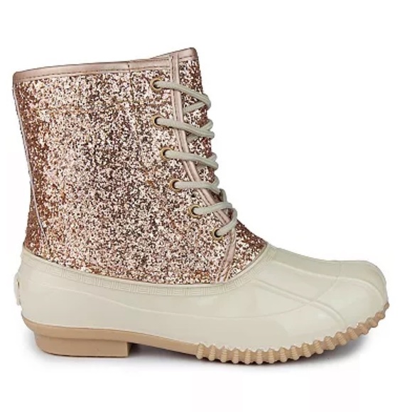 Sugar “Skipper” Rose Gold Glitter Lace Up Rain Snow Duck Boots - Picture 2 of 16